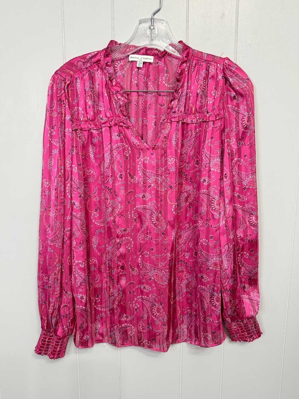 #17) Maison d’ Amelie Bright Pink Paisley V-Neck Long-Sleeve Blouse